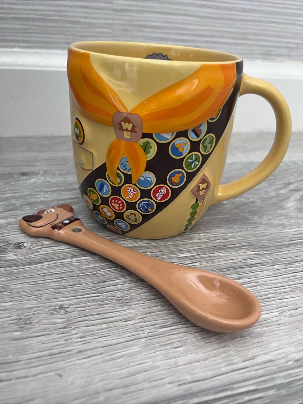 Disney “Up” Yellow Scout Badge Ceramic Mug with Character Spoon